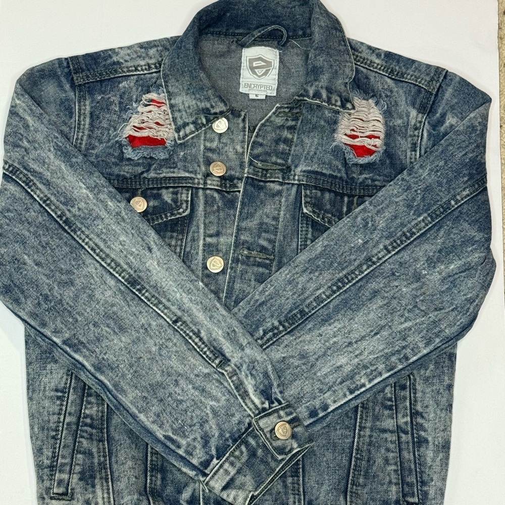 Encrypted Boys Distressed Denim Jacket with Red Accents Size 6